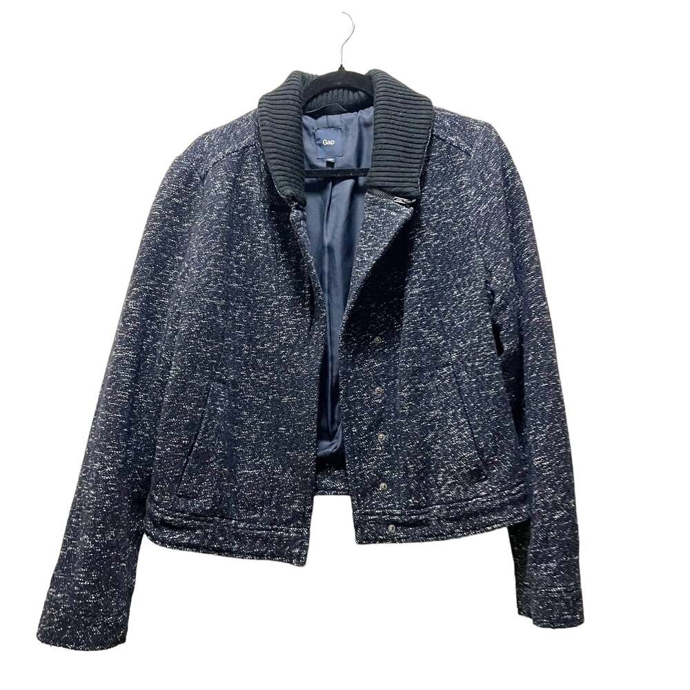 GAP Coat Sweater Navy Blue Button Cropped Tweed Wool Blend Collar Sz L